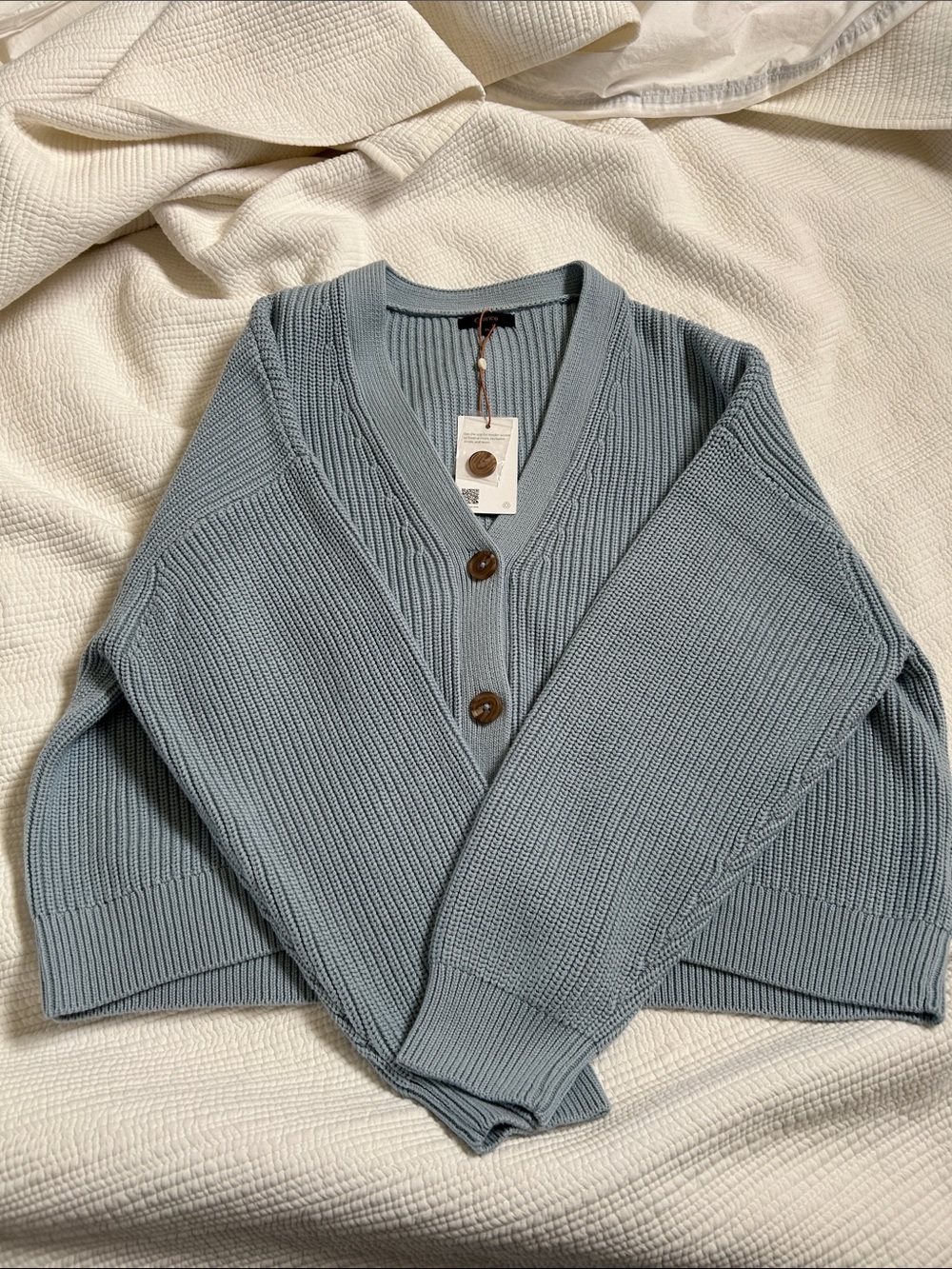 Quince Light Blue Ribbed V-Neck Button Cardigan